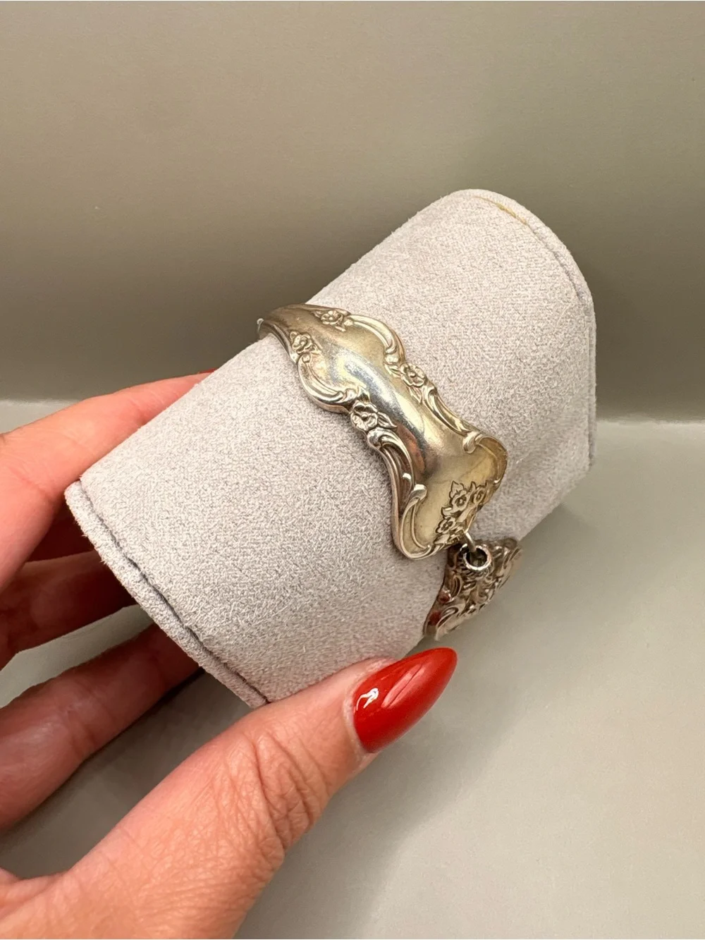 Handmade Silver-Tone Spoon Style Bracelet Floral Scrollwork 7.5”